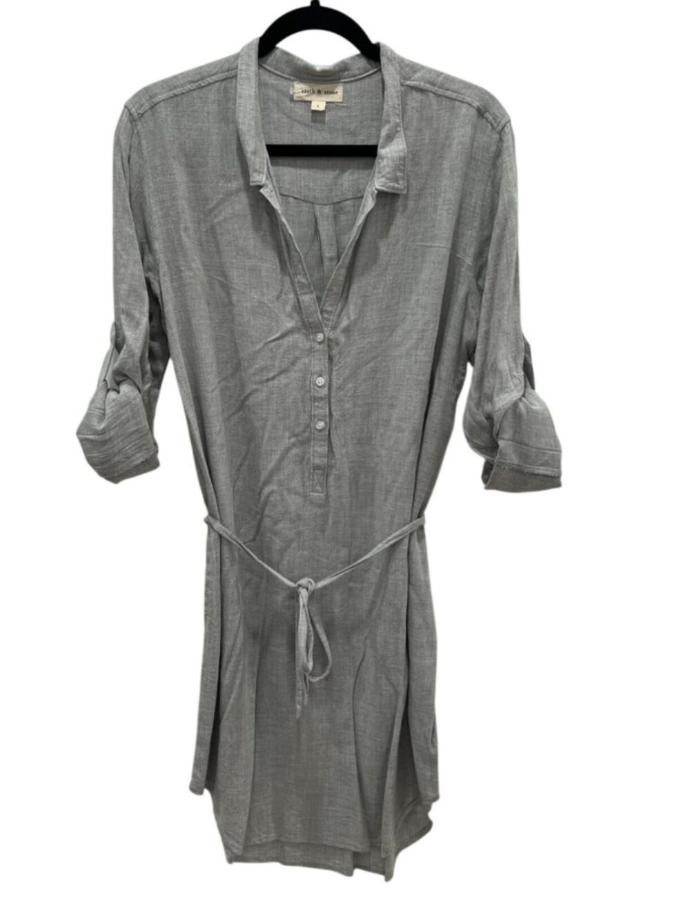 Cloth & Stone Gray Split Neck Belted Shirt Dress Large Roll Tab Sleeves Light